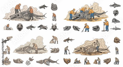 Paleontologists excavating and studying ancient marine reptile fossils