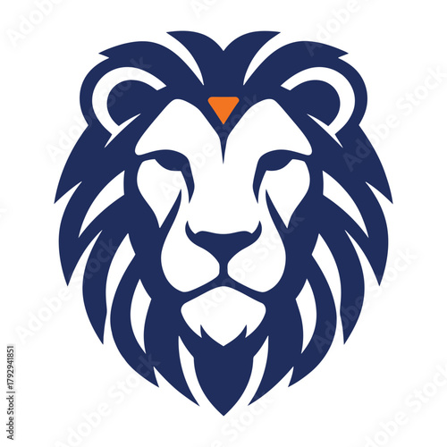 Stylized dark blue lion head with orange triangle on forehead animal face