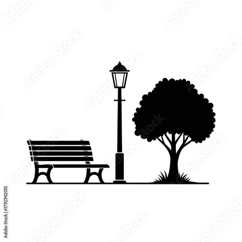 Park Bench with Tree and Lamp Post Silhouette Vector Illustration