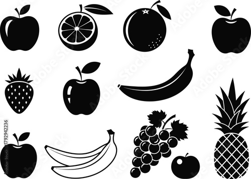 Black silhouette fruit icons vector set for healthy food design