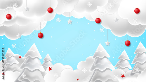white trees around clouds and red Christmas balls, white stars, snow crystals in light blue background template