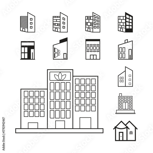 Bank, Hotel, Courthouse. Buildings line icons. City, Real estate, Architecture, buildings icons. Hospital, town house, museum. Urban architecture, city skyscraper. Linear set. Line icons set. Vector