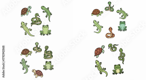 Cute reptiles and amphibians collection with transparent background