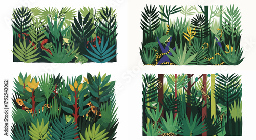 Lush jungle foliage with hidden reptiles and amphibians
