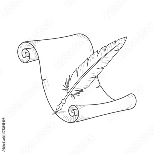 Feather Quill and Scroll Outline Vector Illustration