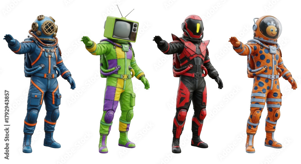 Naklejka premium Four diverse astronauts in unique suits standing together isolated on transparent background