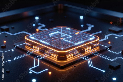 Futuristic Computer Chip with Glowing Circuits on Dark Background