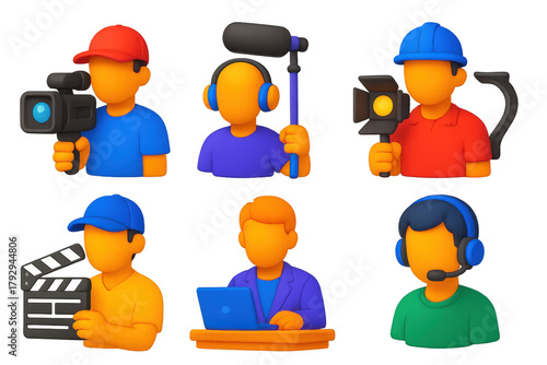 Film Crew Icons. 3D icon set of film crew: camera operator, sound technician, gaffer light, clapboard operator, producer desk,
