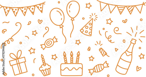 Festive party line art featuring celebratory cake, balloons, gift, and champagne bottle