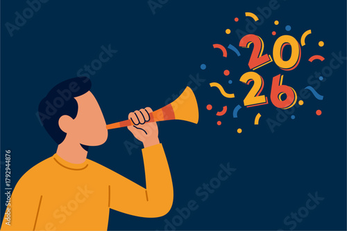 Flat Design Illustration of a Man Celebrating New Year 2026 with Party Horn and Confetti