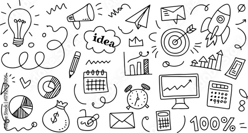 Handdrawn doodles show many business objects like lightbulb, rocket, calculator, and money bag