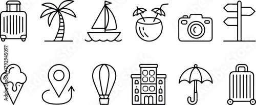 Holiday icons showcase luggage, palm, sailboat, umbrella cocktail, hotel, camera, and ice cream on white