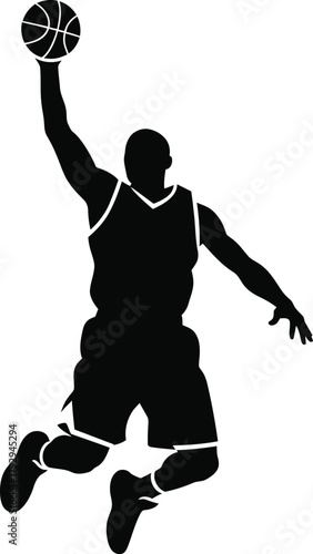 Silhouette of a basketball player in mid air performing a slam dunk