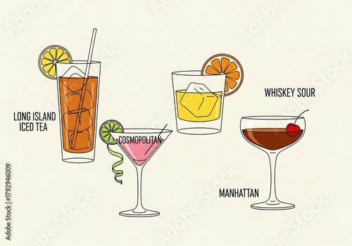Cocktail Collection - Long Island Iced Tea, Whiskey Sour, Manhattan.