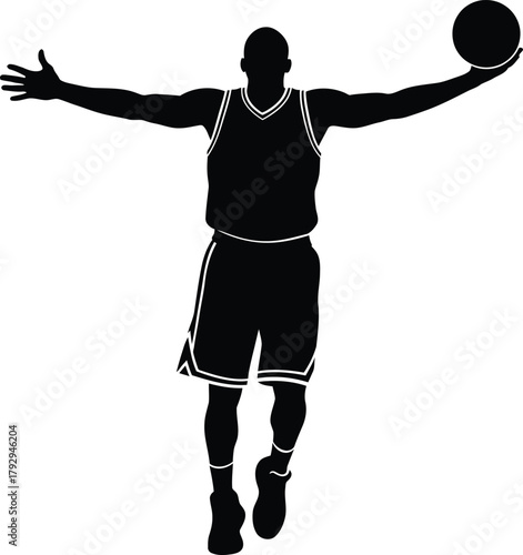 Silhouette of a basketball player in mid air with arms outstretched