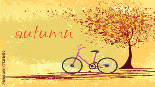 Bicycle Under Tree Root in Autumn Romantic Scene, Perfect for seasonal posters, greeting cards, wallpapers, or emotional nature illustrations in realistic or semi-flat vector style.