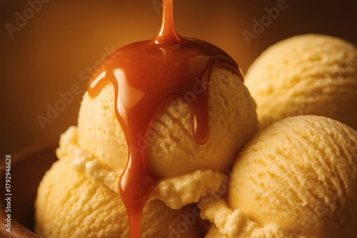 Vanilla ice cream scoops with caramel sauce drizzled on top in a close-up view