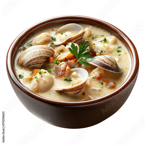 Creamy Clam Chowder with Fresh Clams and Potatoes on a transparent background