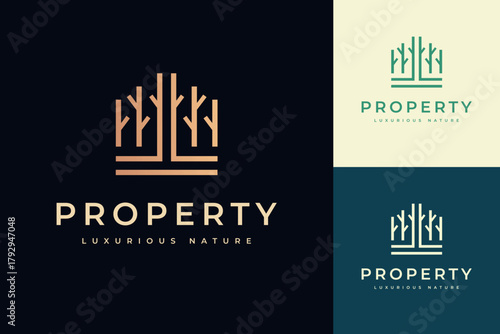 Luxury futuristic apartment or property logo design. Modern real estate line symbol