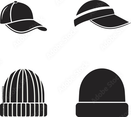 Vector Headwear Silhouette Set, Baseball Cap, Winter Beanie, Visor Hat, and Cold Weather Apparel Icons