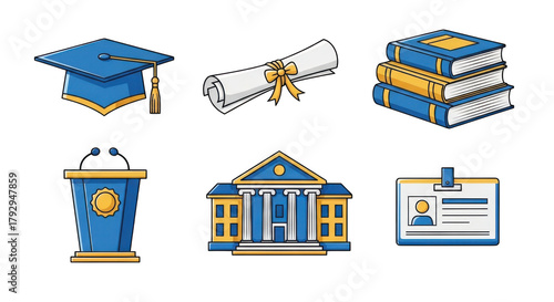 Collection of educational and academic icons including a graduation cap diploma books building and podium isolated on transparent background