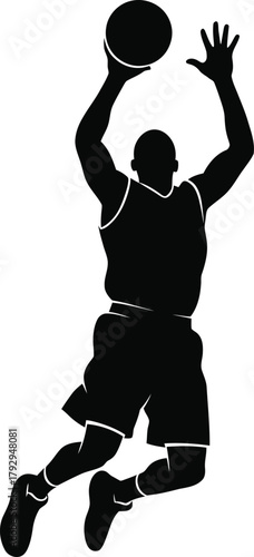 Basketball player silhouette jumping to shoot a ball