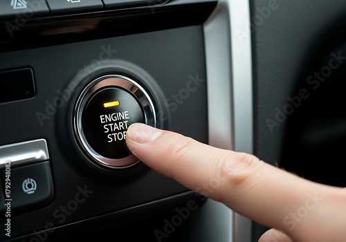 Finger pressing the engine start stop button in car