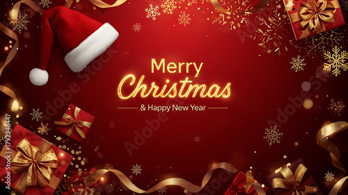 Fototapeta Naklejka Na Ścianę i Meble -  Luxurious Christmas Greeting with Gold Ornaments on a Red Background for flayers, banners, backgrounds, greetings, text space