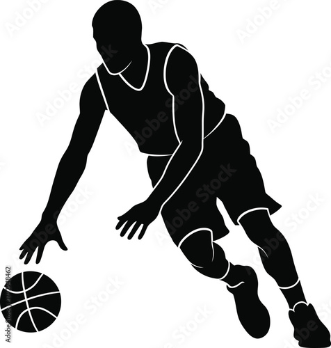 Silhouette of a basketball player dribbling a ball