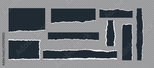 Realistic black torn paper or ripped paper sheet on transparent bg. Abstract realistic ornament for social media banner background.