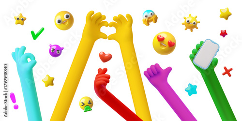 Colorful hands gestures with emoji emoticons 3D vector background, hand with smartphone, heart shape gesture, thumbs up