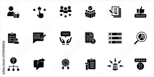 survey icons set. client, survey, opinion, polling, rating, audit, quality and more. simple solid vector