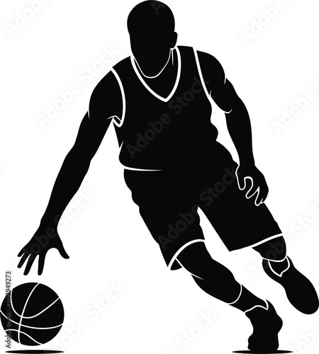 Silhouette of a basketball player dribbling the ball with intensity