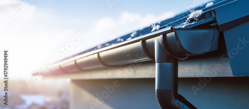 sleek roof gutter and downpipe with snow on modern home architectural detail system 