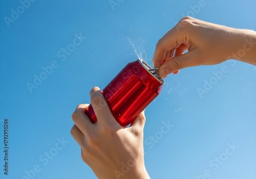 Opening a Refreshing Red Soda Can Under the Bright Blue Sky A Moment of Thirst-Quenching Delight on a Sunny Day