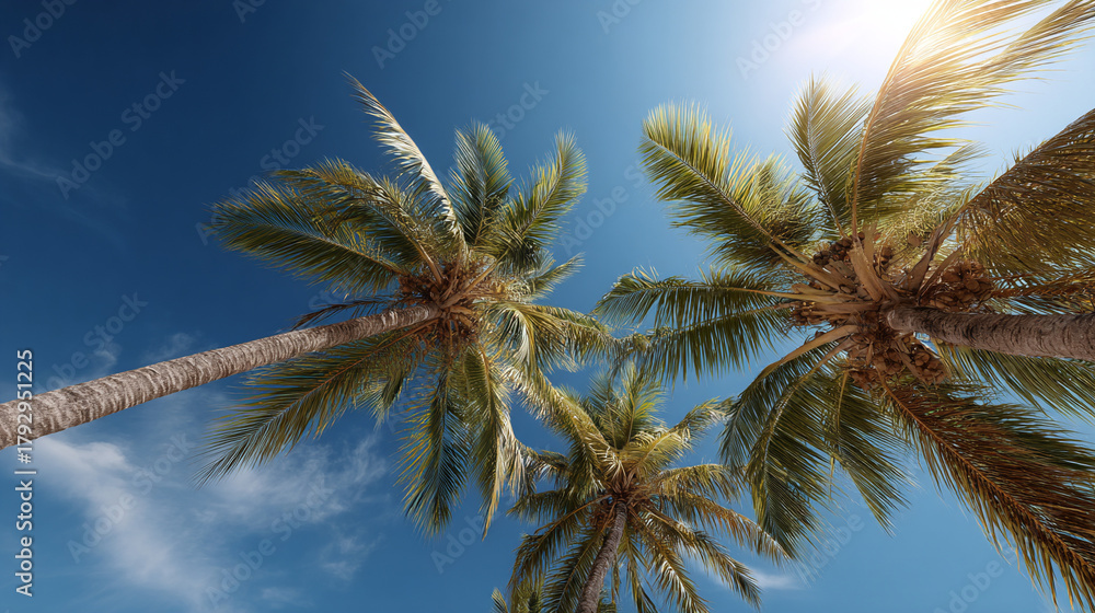 Naklejka premium Sunny beach with clear blue sky and palm trees.