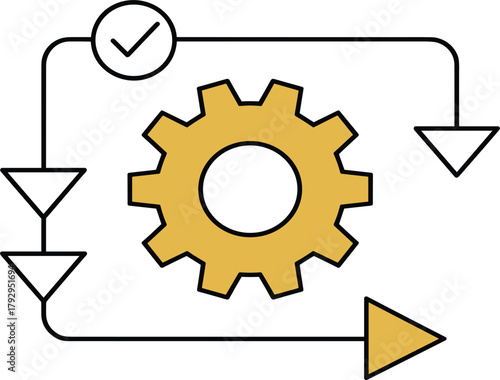 Vector Workflow Process Icon, Gear Mechanism with Checkmark, Completed Task, Successful Execution, and Quality Assurance