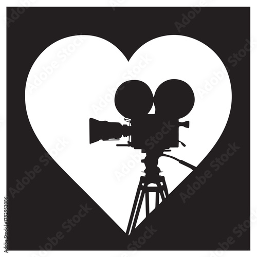Love of cinema shown with a movie camera inside of a white heart shape