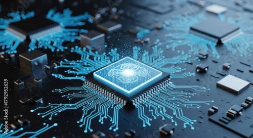 A futuristic circuit board with a glowing brain chip at its center, surrounded by various electronic components and wires.