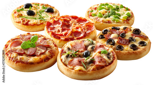 Assortment of mini pizzas isolated on transparent background