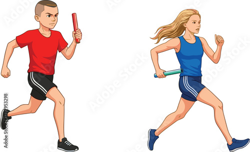Relay race runners passing batons during competition, athletic teamwork, sports action, dynamic motion, outdoor sprint, track event illustration