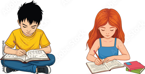 Two Kids Doing Homework Together, Studying with Books and Notebooks, Focused Learning, Math and Reading, Educational Activity at Home