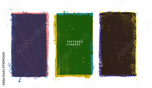 Linocut relief printing textured rectangle set. Grunge layered ink roller backgrounds with uneven edges. Colored artistic lino print textured, paint roller stains, old print design. Linocut texture.