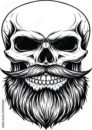 Intricate Vector Engraving of Skull with Beard and Moustache, Hipster Biker Mascot, and Vintage Tattoo Graphic