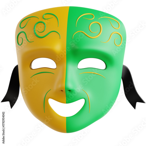 A green and gold theatrical comedy mask symbolizing the joy of dramatic arts and stage performance. A classic icon of entertainment and theater