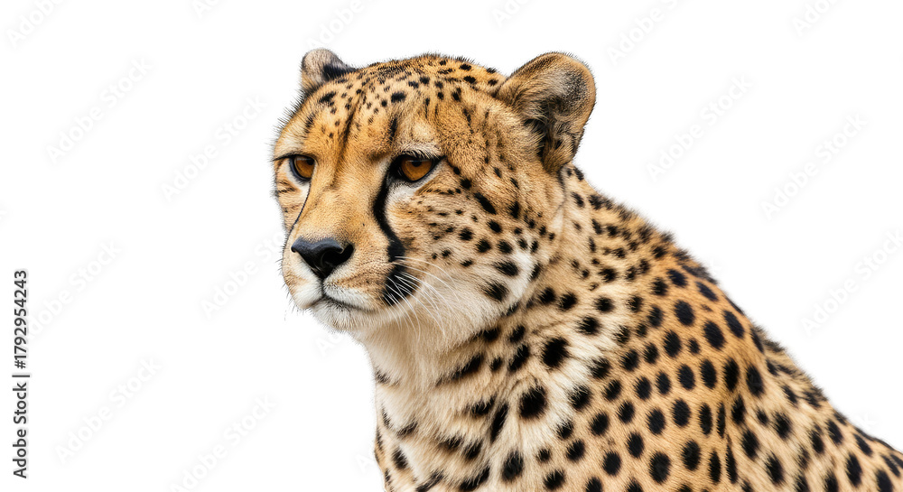 Fototapeta premium A Majestic Cheetah's Head and Shoulders Portrait with Golden Eyes and Spotted Fur on a Transparent Background