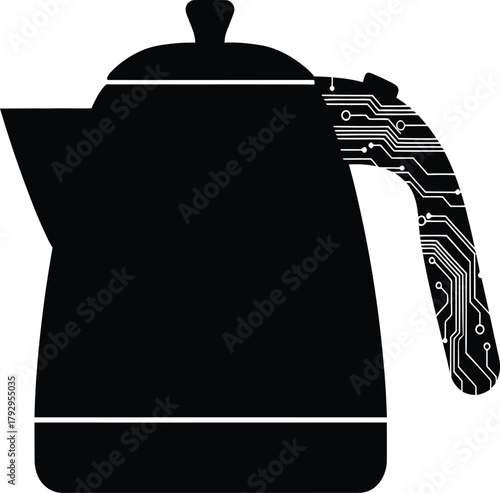 Black Coffee Pot with Circuit Board Pattern Handle on White Background moka pot stovetop