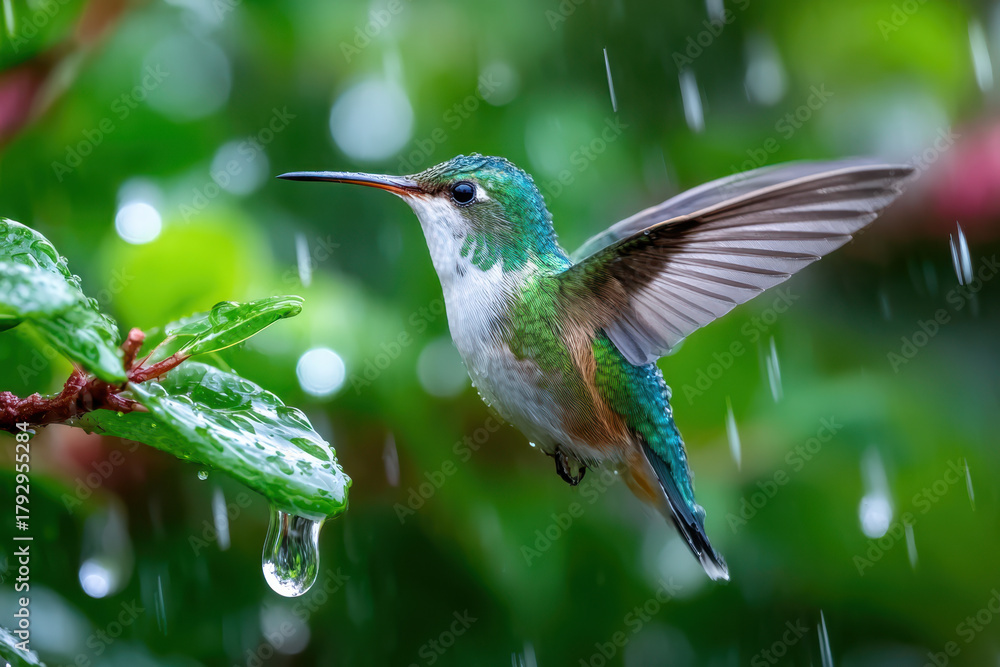 Fototapeta premium Hummingbird hovering in rain near green leaves