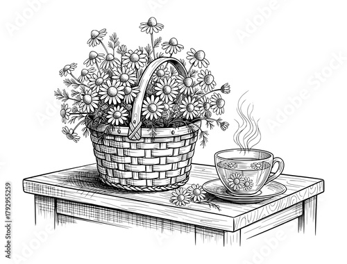 Basket of Chamomile Flowers and Teacup in Hand-Drawn Sketch Style. Vector Illustration for Wellness and Relaxation.
