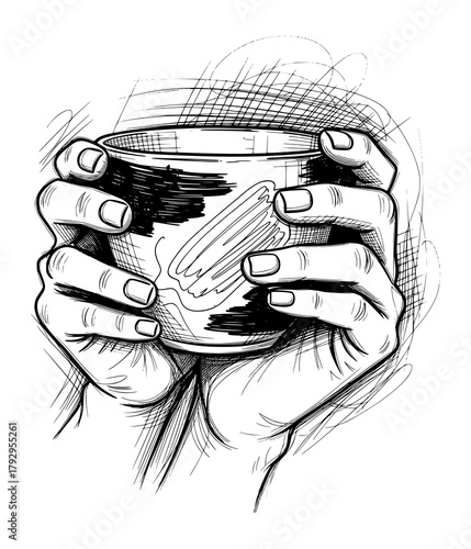 Hands Holding a Cup in Hand-Drawn Sketch Style. Comfort and Mindfulness Vector Illustration.